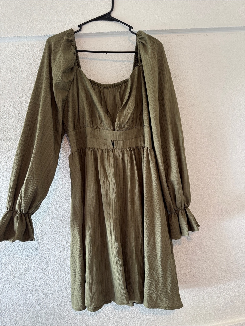 SHEIN Olive Green Square Neck Puff Sleeve Mini Dress